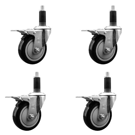 Service Caster 4'' Black Poly Swivel 1-1/8'' Expanding Stem Caster Set Total Lock Brake, 4PK SCC-EXTTL20S414-PPUB-BLK-118-4